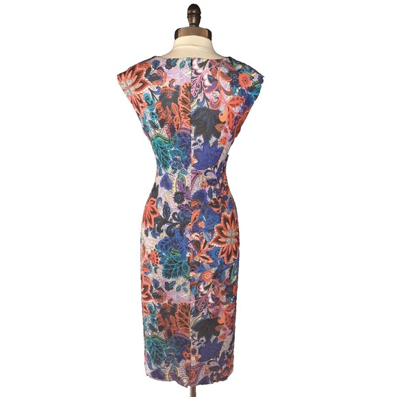 ECI NEW YORK Sz L Sheath Dress Black Blue Purple Floral Cap Sleeve Stretch Midi - Picture 5 of 7